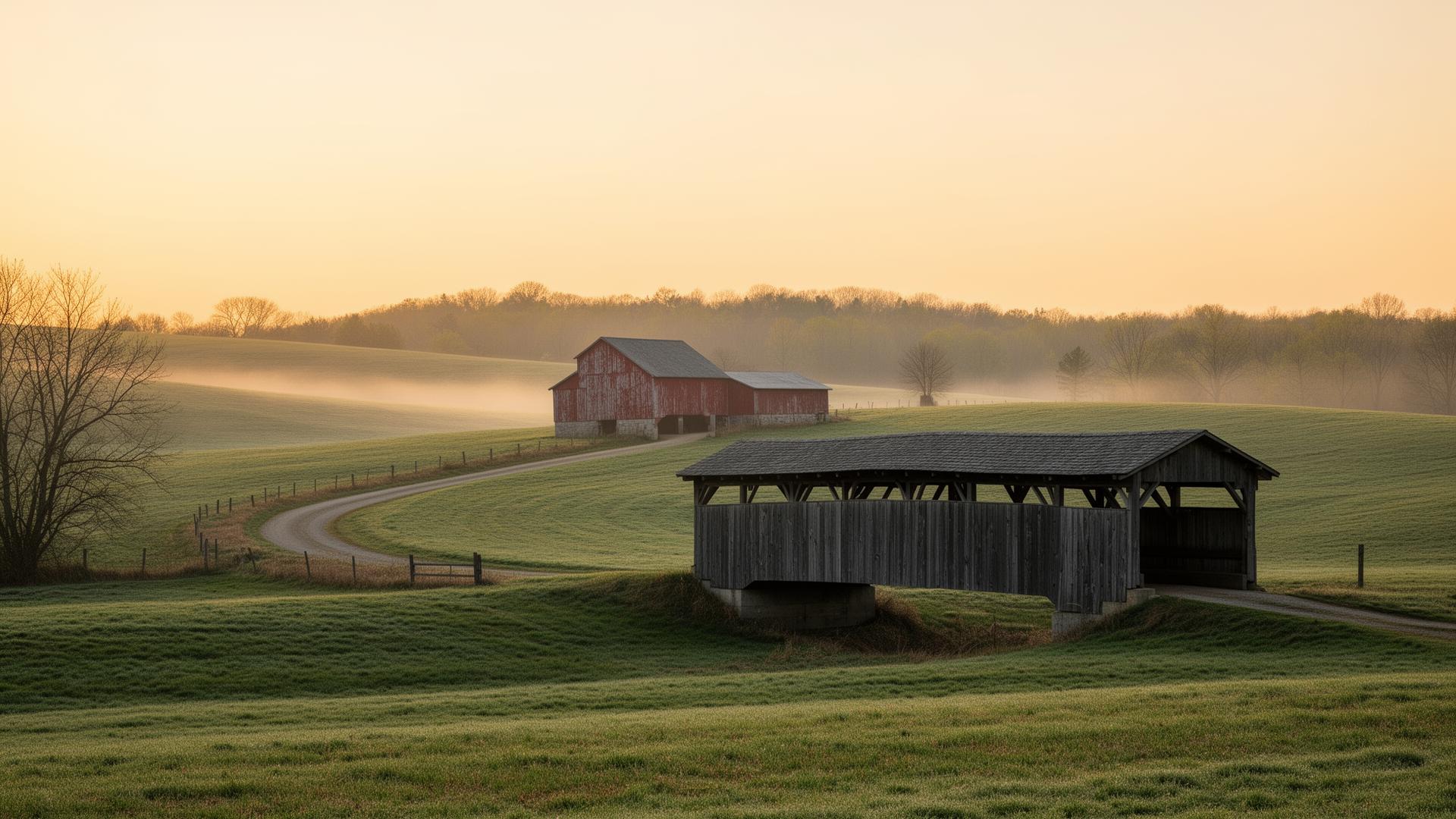 A quiet Lancaster County countryside at sunrise, with a red barn and covered bridge beside a winding road